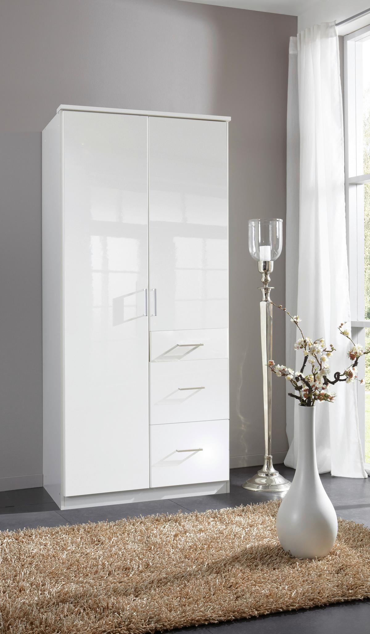 Drehtürenschrank mit Laden B: 91 cm Clack, Weiß - Weiß Hochglanz/Weiß, Basics, Holzwerkstoff (91/199/58cm) - MID.YOU