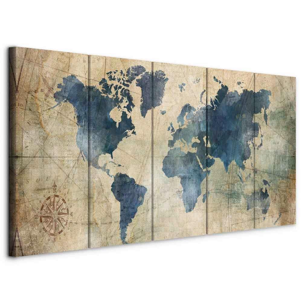 Leinwandbild Retro Map Blau Beige B: 200 cm - Blau/Beige, Basics, Holzwerkstoff/Textil (200/80/1.2cm) - artgeist