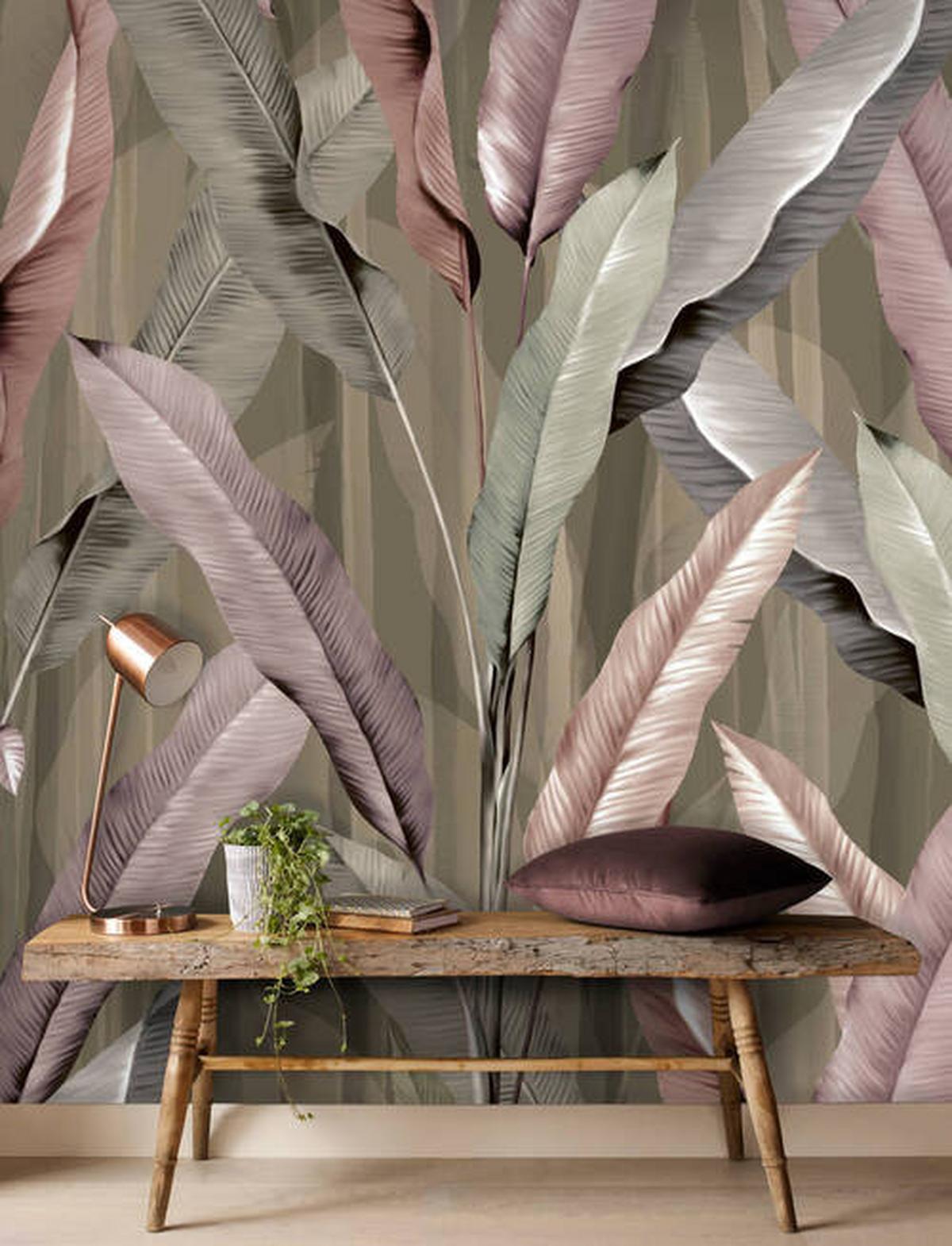 Fototapete Pink Leaves - Multicolor, Basics, Papier/Kunststoff (200/280cm)