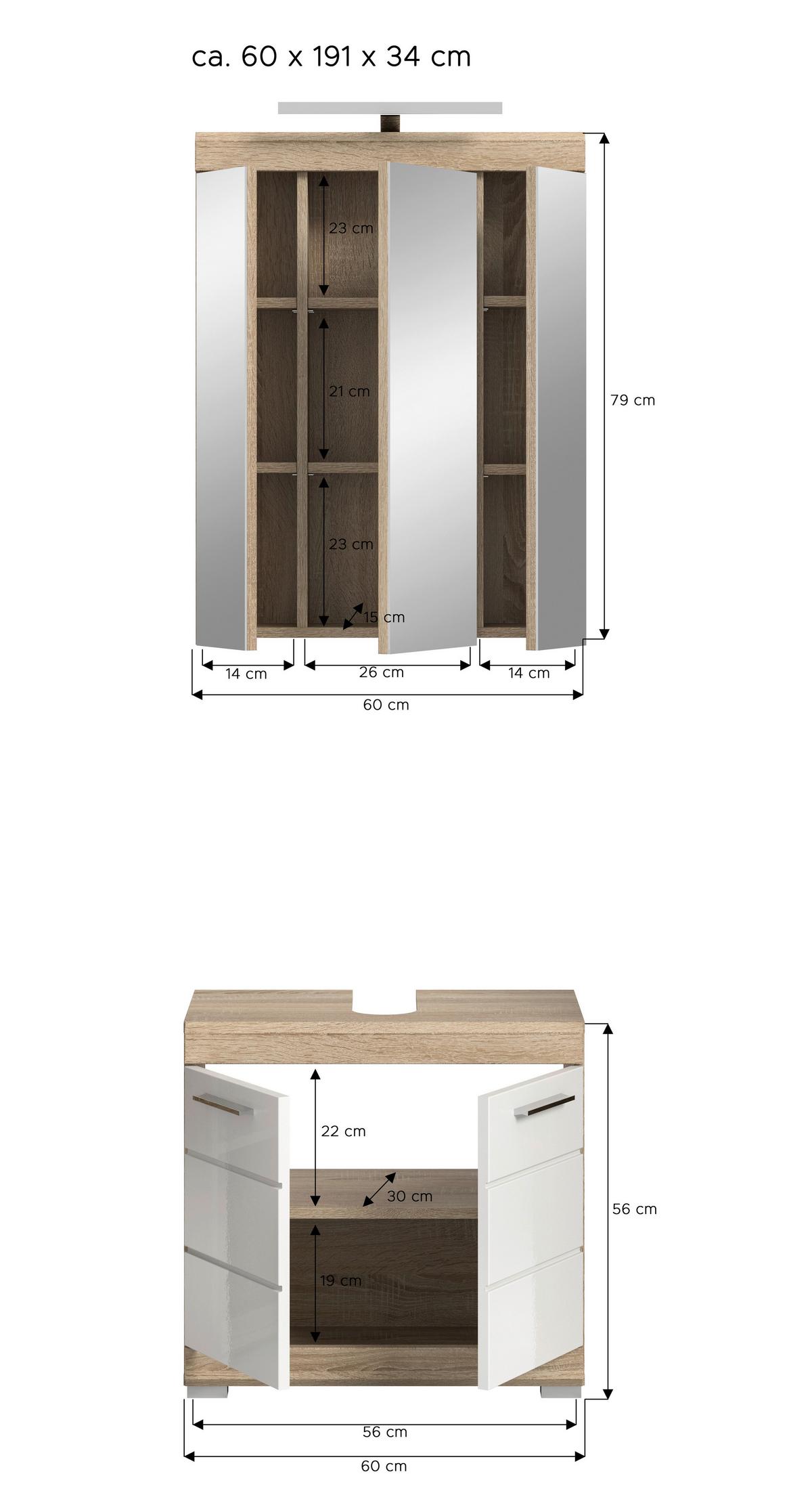 Badezimmer Lambada Eiche Dekor/weiß B: 60 Cm - Weiß Hochglanz/Silberfarben, MODERN, Glas/Holzwerkstoff (60cm) - MID.YOU