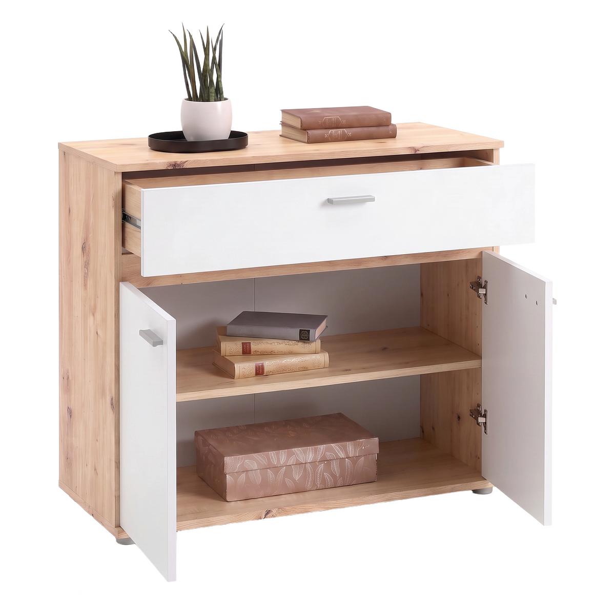 Kommode Carmen 2 Weiß/Eichefarben B: 80,2 cm - Eichefarben/Silberfarben, Trend, Holzwerkstoff (80,2/80/35cm) - Based