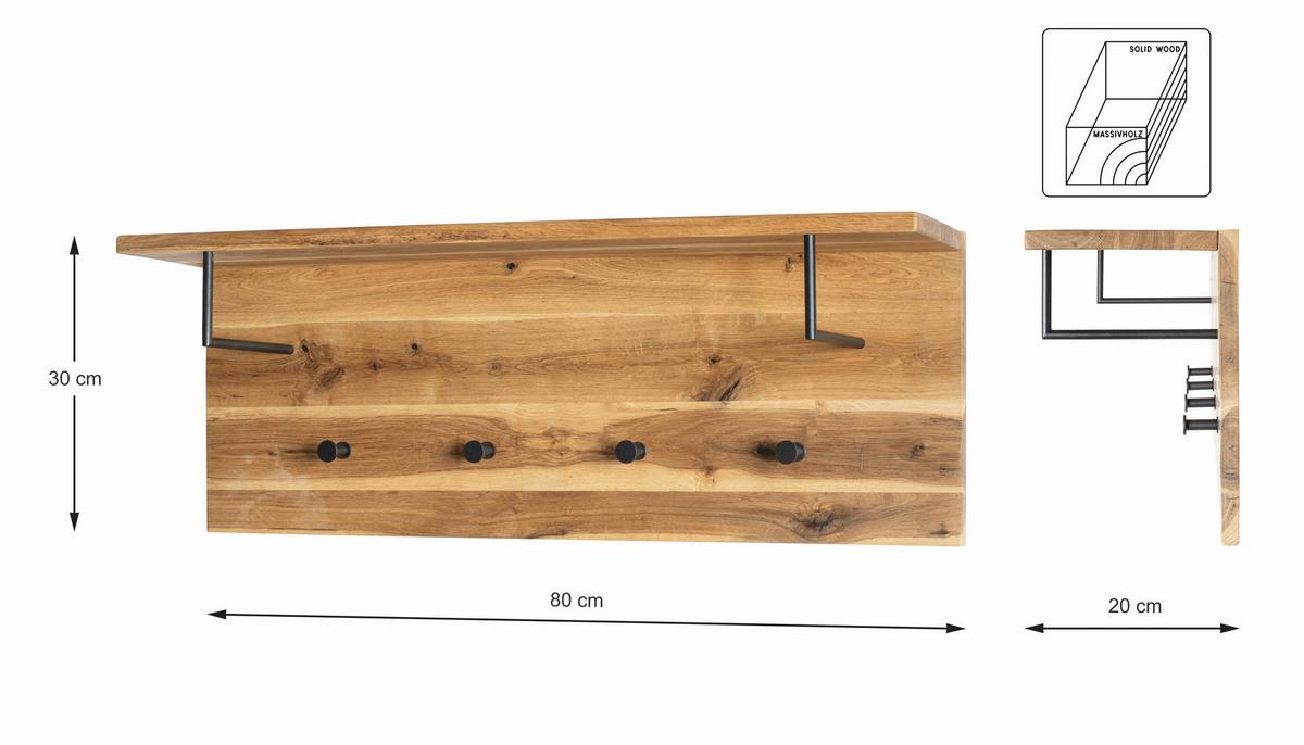 Garderobenpaneel Eiche Massiv Hutablage 4 Haken B: 80 cm - Eichefarben/Schwarz, Basics, Holz/Metall (80/30/20cm)
