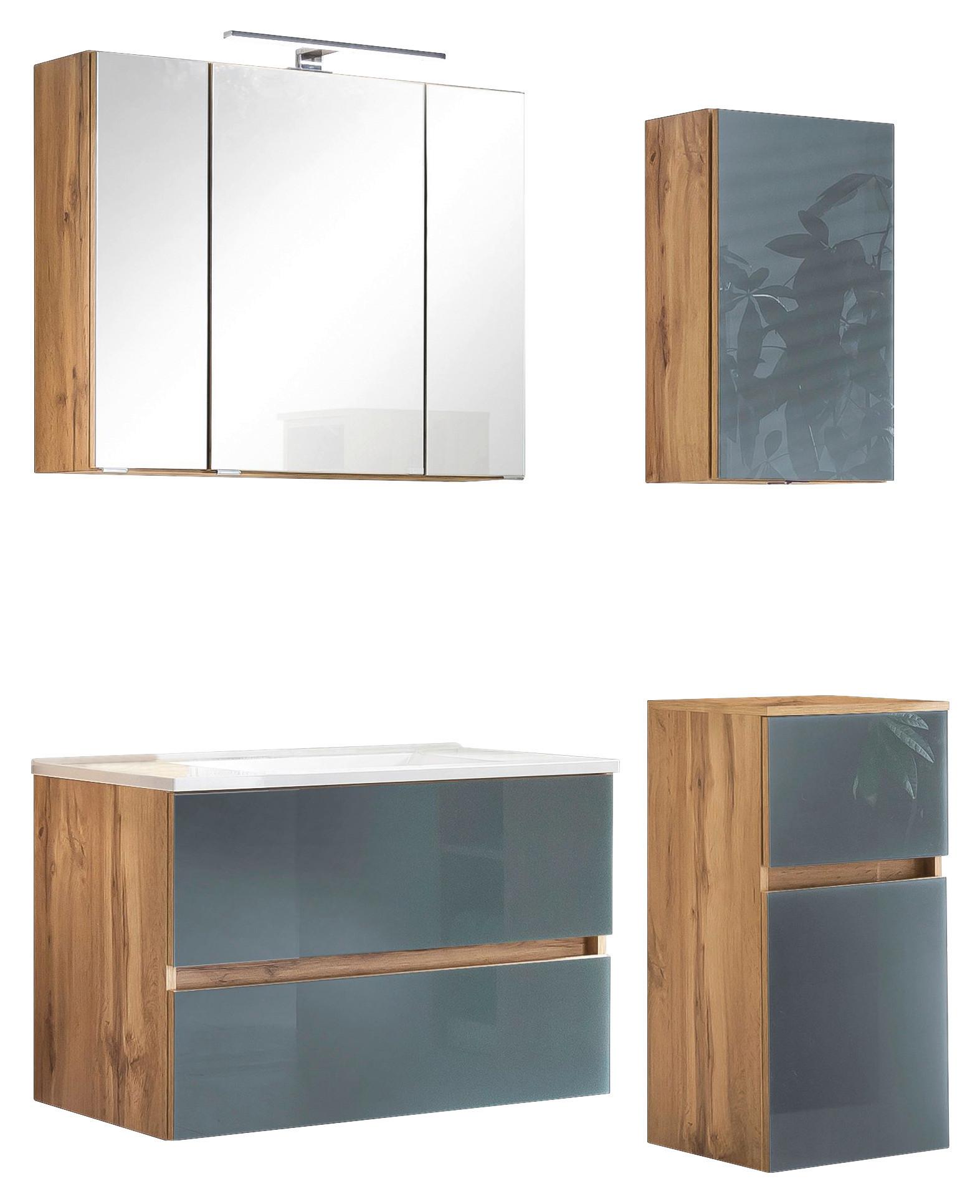 Badmöbel-Set 5-Tlg. inkl. LED Helsinki, Grau/Eiche - Eichefarben/Weiß, KONVENTIONELL, Glas/Holzwerkstoff (120cm) - Held
