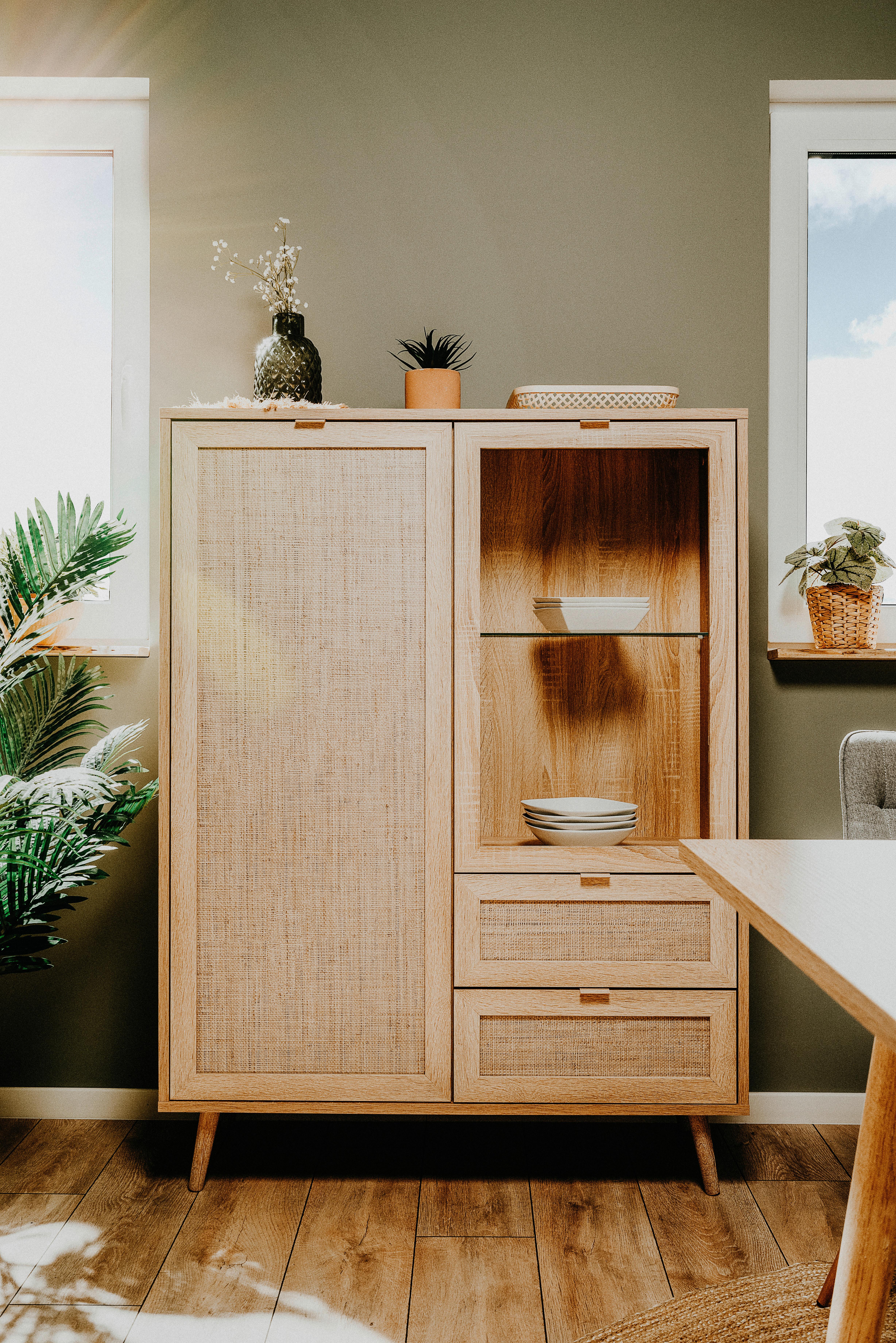 Highboard + Glastür 101,5 cm Bali, Eiche/Geflechtoptik - Sonoma Eiche, Natur, Glas/Holzwerkstoff (101,5/139/40cm) - MID.YOU