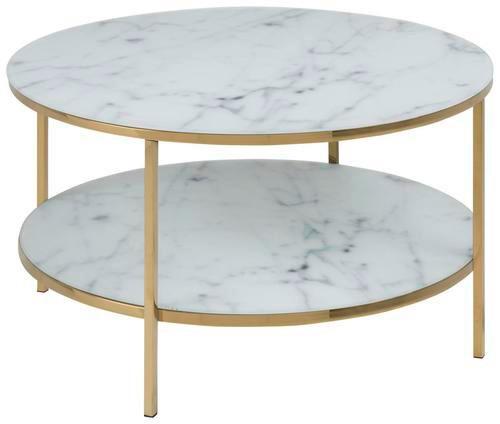 Couchtisch Mit Glasplatte + Ablagefach Alisma Marmor Dekor - Goldfarben/Weiß, Trend, Glas/Metall (80/80/45cm) - Livetastic