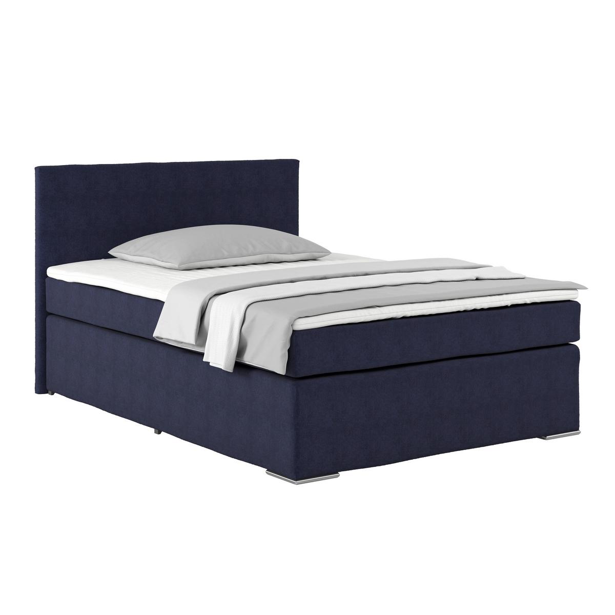 Boxspringbett Mit Topper 140x200cm Nero, Blau - Blau/Chromfarben, KONVENTIONELL, Textil (140/200cm)