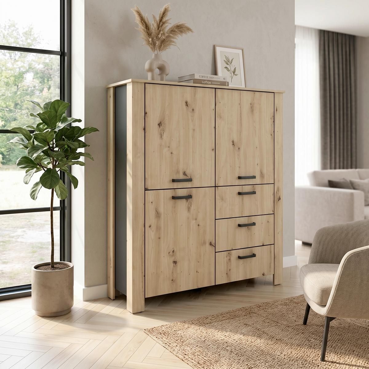 Highboard Faro Eiche Artisan B: 120 cm - Schwarz/Eiche Artisan, Design, Holzwerkstoff (120/137/40cm) - MID.YOU