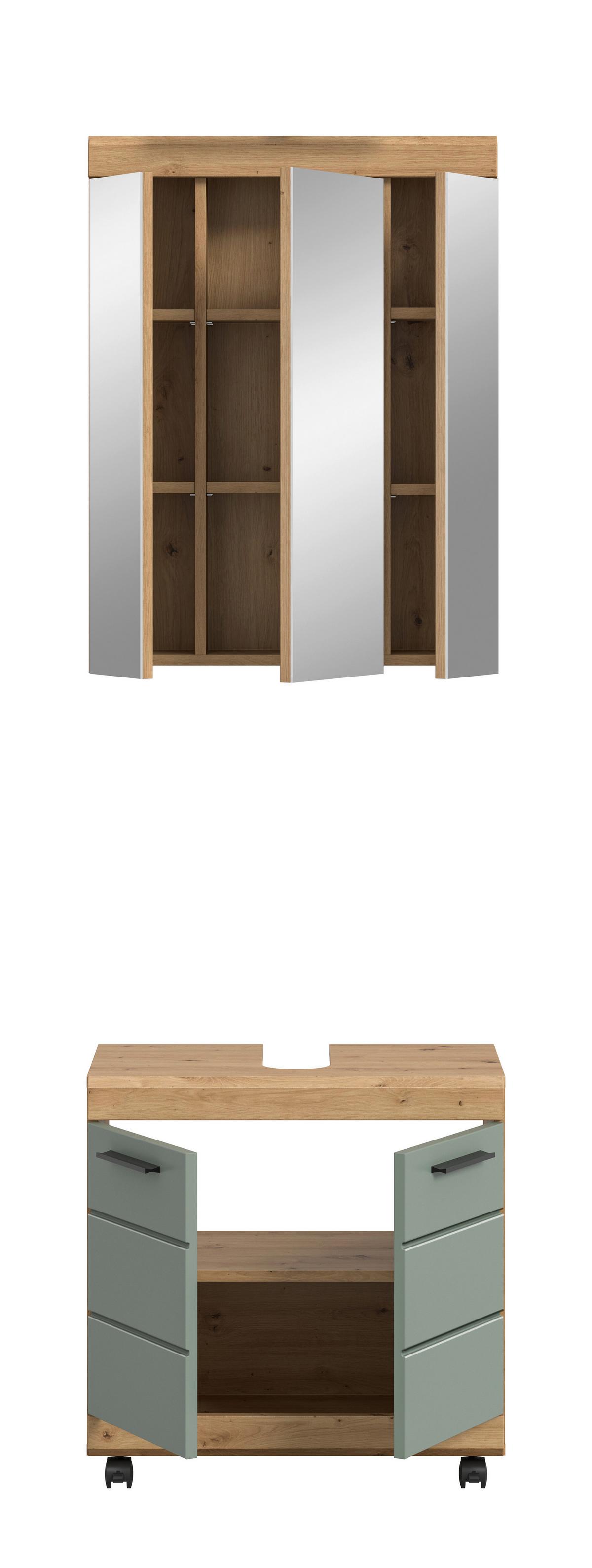 Badezimmer Scout Salbeigrün/Eiche Dekor B: 60cm - Salbeigrün/Schwarz, Trend, Glas/Holzwerkstoff (60cm) - MID.YOU