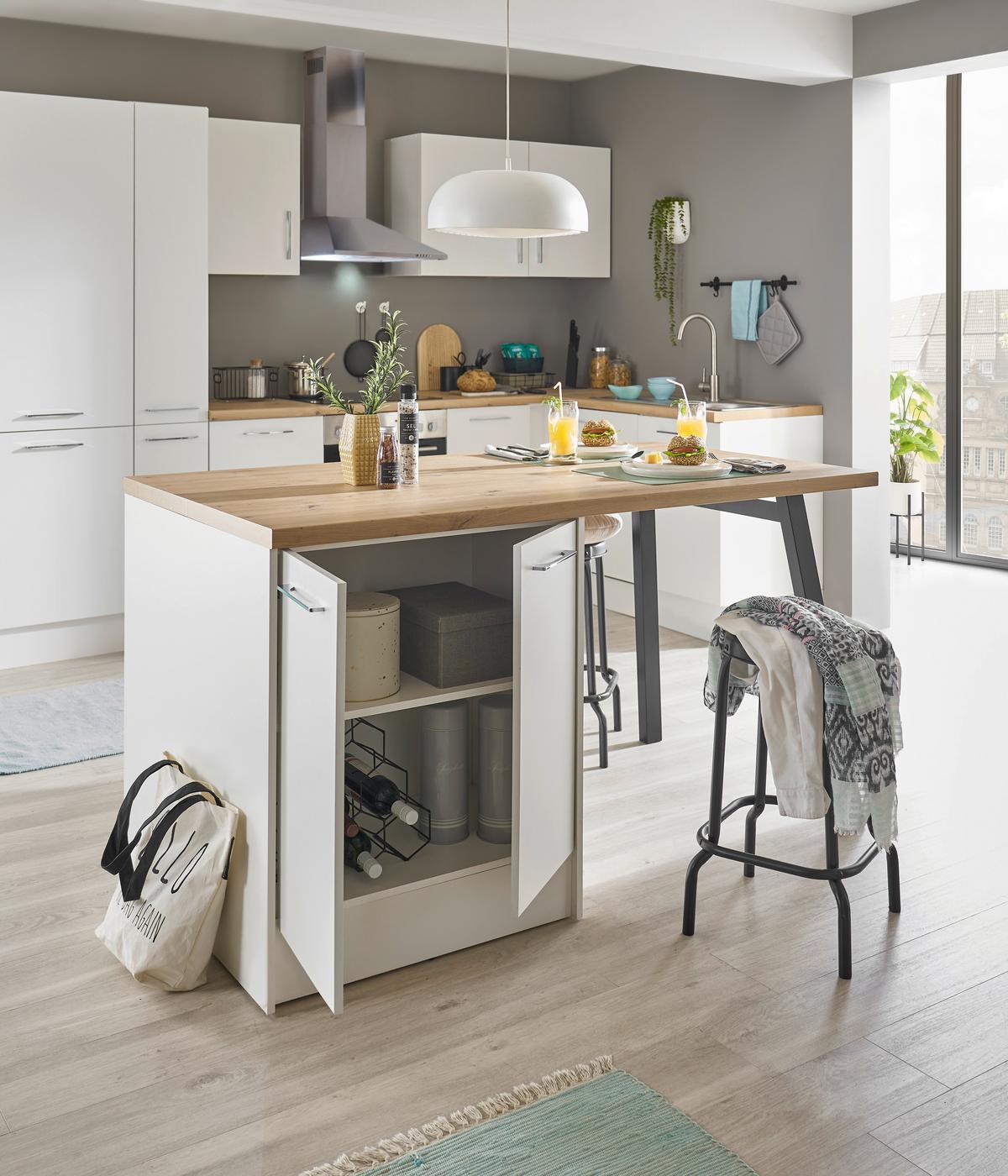 Kuchyňský ostrůvek TURIN I bílá/ dub Artisan - bílá/černá, Moderní, kov/kompozitní dřevo (150/91/90cm)