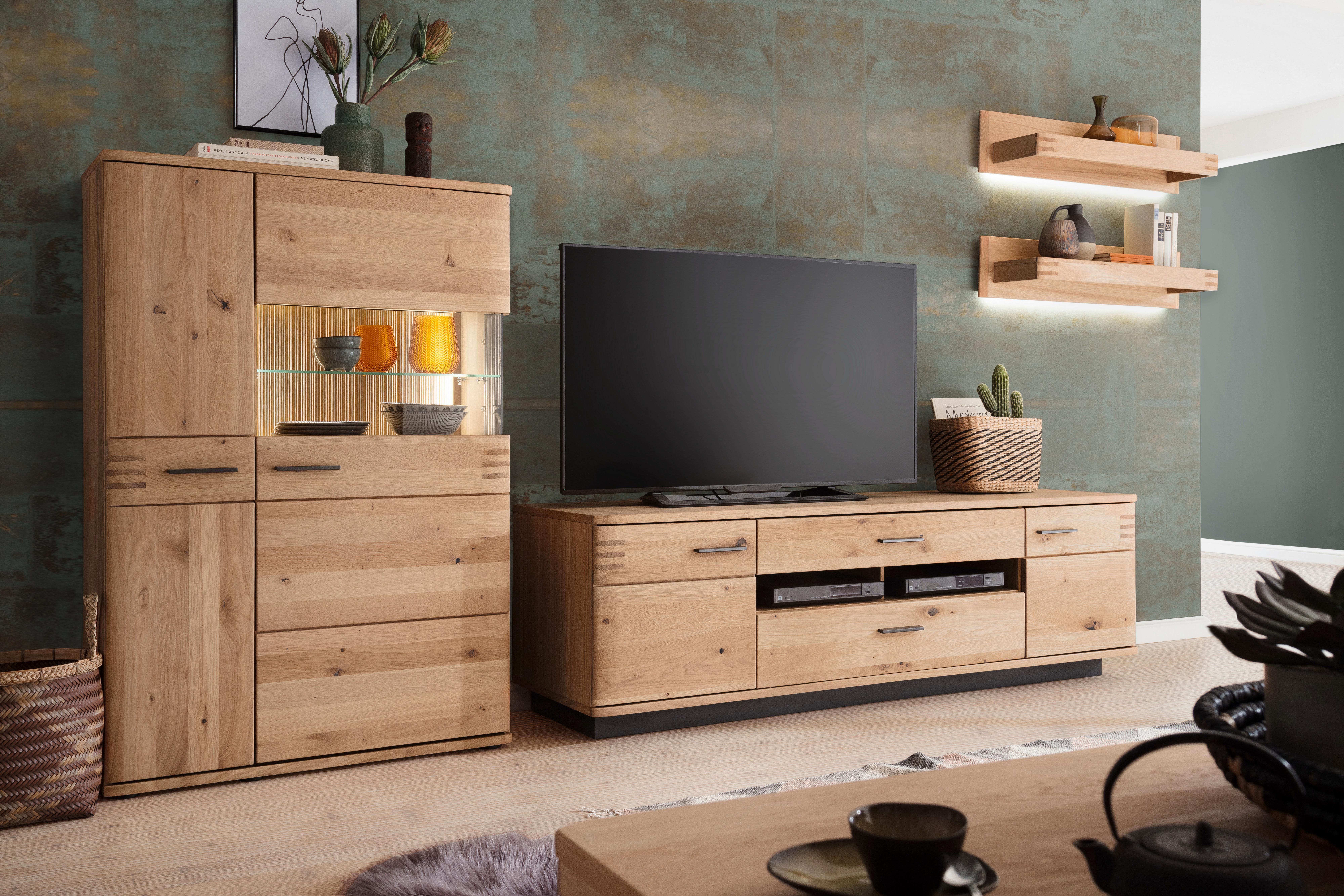 Highboard teilmassiv B: 90 cm Salvador Eichefarben - Eichefarben/Schwarz, Design, Glas/Holz (90/136/37cm) - Livetastic