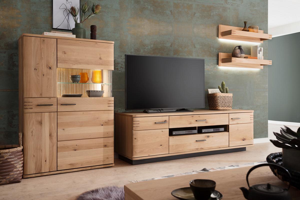 Highboard teilmassiv B: 90 cm Salvador Eichefarben - Eichefarben/Schwarz, Design, Glas/Holz (90/136/37cm) - Livetastic