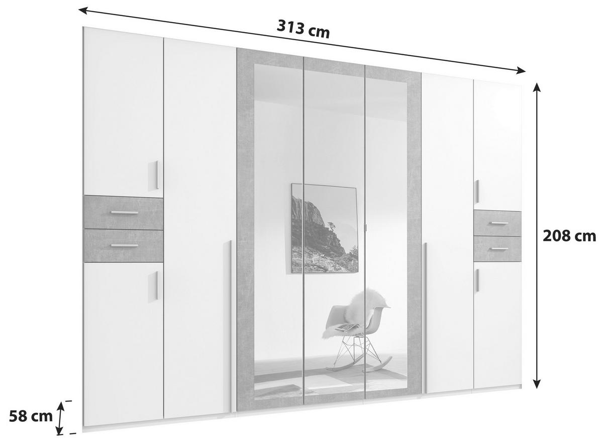 Drehtürenschrank Mit Spiegel + Laden B: 313 Cm Vegas, Weiß - Eiche Artisan/Weiß, Basics, Holzwerkstoff (313/208/58cm) - MID.YOU