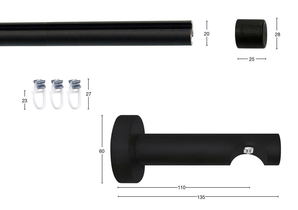 Vorhangstange Schwarz, 170 cm - Schwarz, KONVENTIONELL, Metall (170cm)