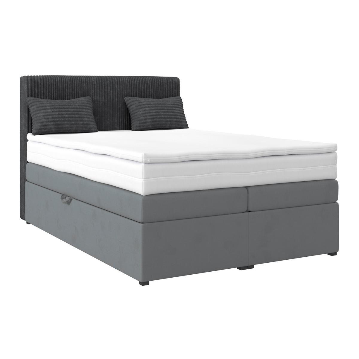Boxspringbett Mit Topper & Bettkasten 140x200 Rossa - Blaugrau/Schwarz, MODERN, Holzwerkstoff/Textil (140/200cm)