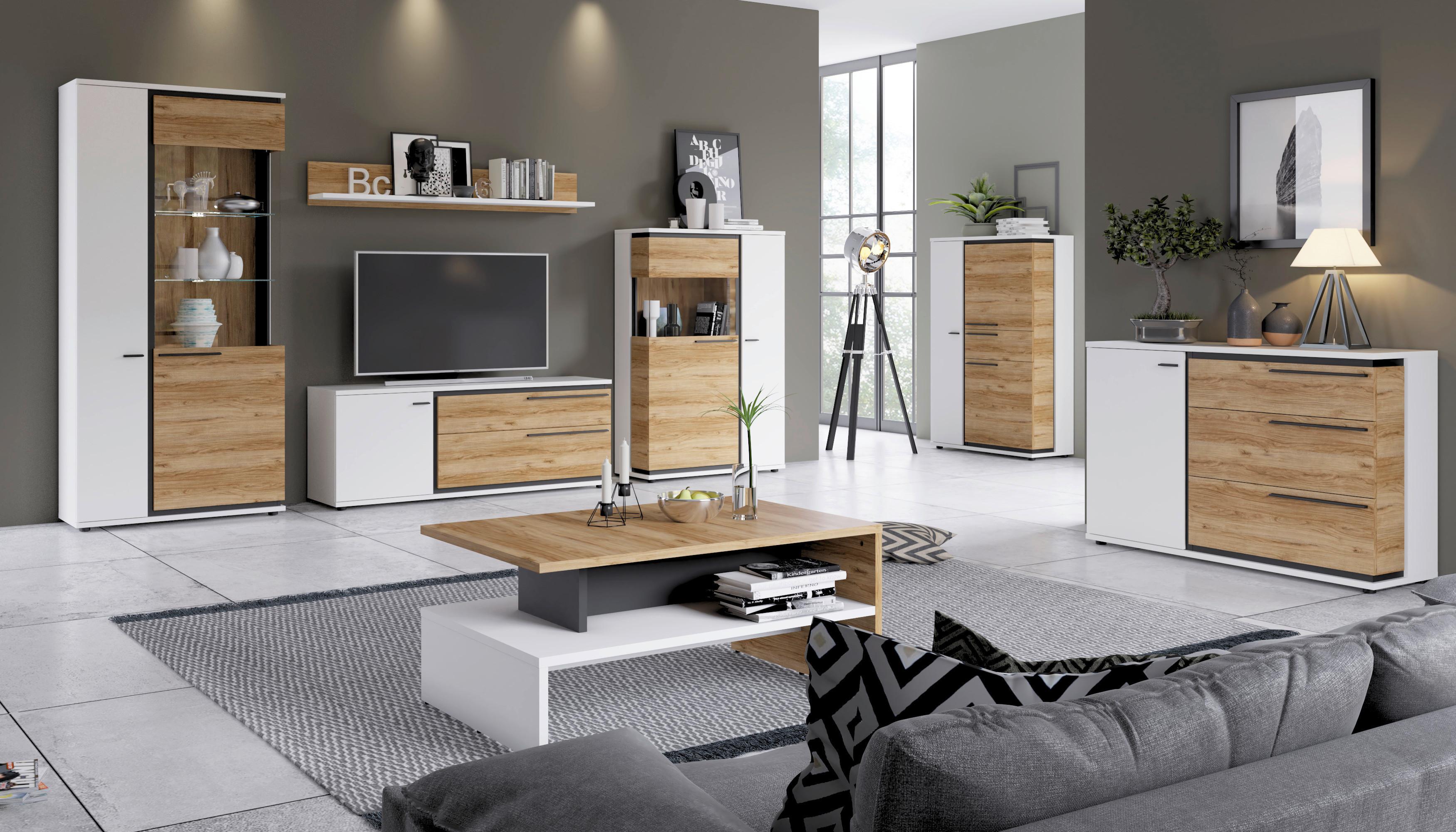 Vitrine Salinas Weiß/ Eichefarben/Glasfront Rechts - Eichefarben/Schwarz, Trend, Glas/Holzwerkstoff (93/199,3/37cm)