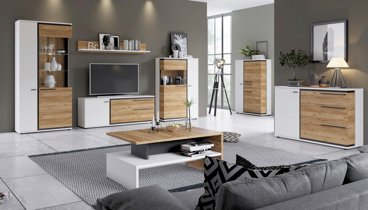 Vitrine Salinas Weiß/ Eichefarben/Glasfront Rechts - Eichefarben/Schwarz, Trend, Glas/Holzwerkstoff (93/199,3/37cm)