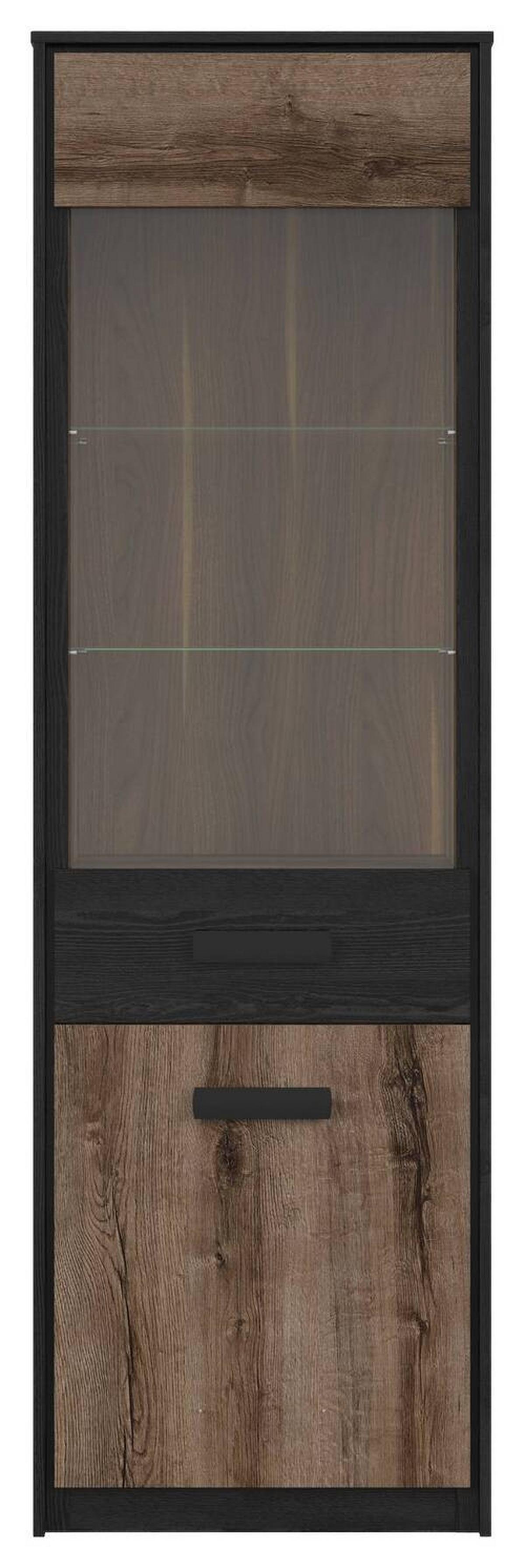Vitrine Kassel Glass-Door Cabinet - Eichefarben/Schwarz, Design, Glas/Holzwerkstoff (60/195/41cm)