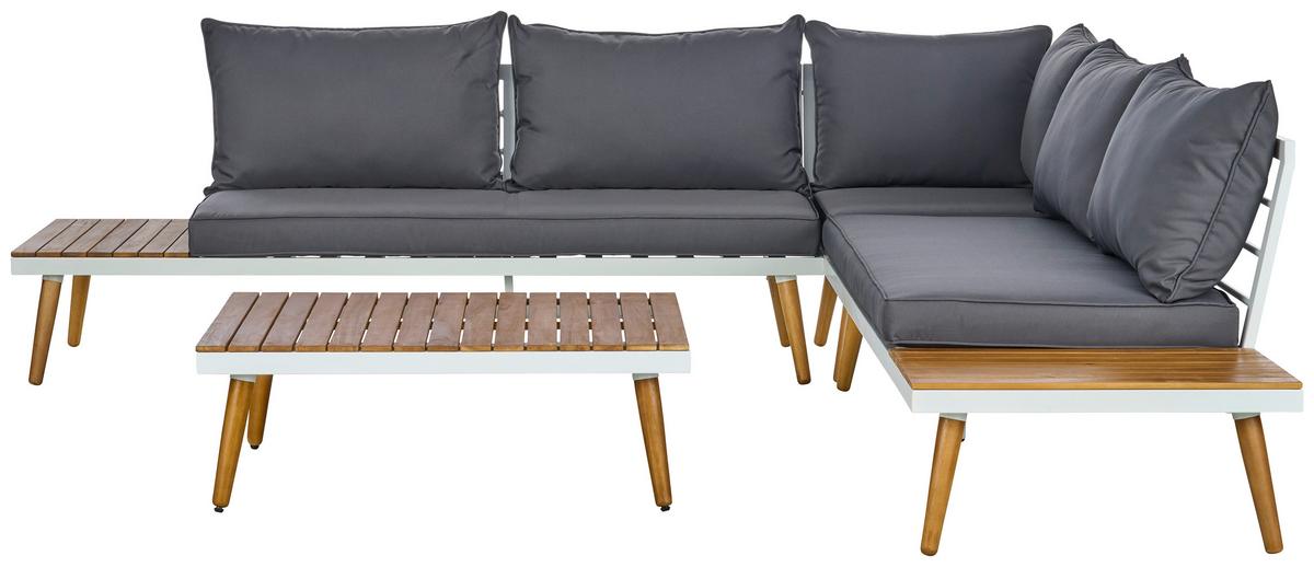 Loungegarnitur 3 Tlg. Madeira Aus Stahl/holz Mit Kissen - Dunkelgrau/Weiß, MODERN, Holz/Textil (90/30/70cm) - Beldano