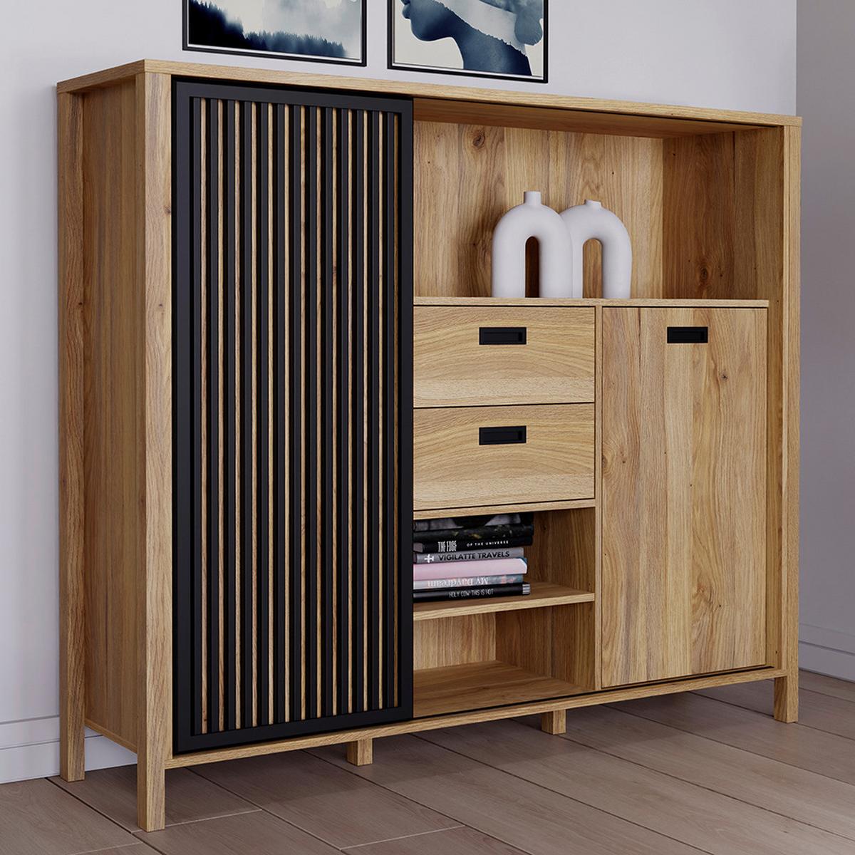 VYSOKÁ KOMODA JYTANA - čierna/farba duba, Modern, kompozitné drevo (149,9/129,9/40,2cm)