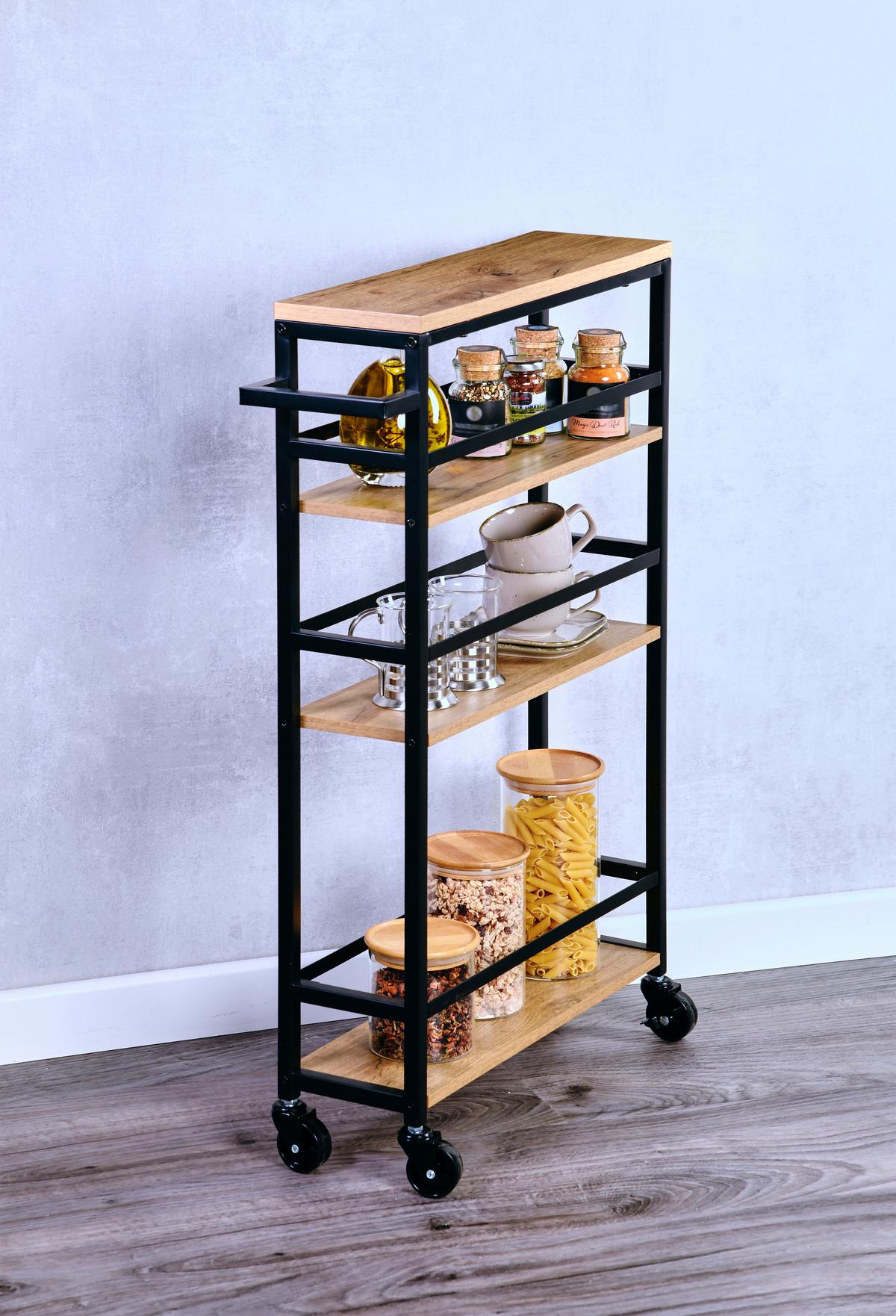 Servierwagen Eichefarben, Schwarz, BxHxT: 50x81x15 cm - Eichefarben/Schwarz, Basics, Holzwerkstoff/Metall (50/81/15cm) - Kesper