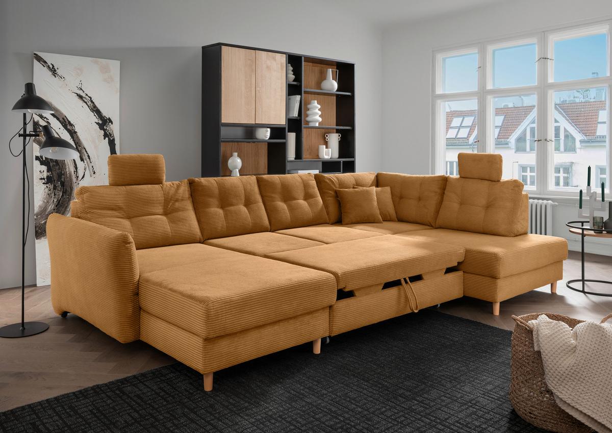 Wohnlandschaft Brizzini mit Schlaffunktion, Goldfarben - Goldfarben/Naturfarben, MODERN, Textil (176/338-352/206cm) - Livetastic