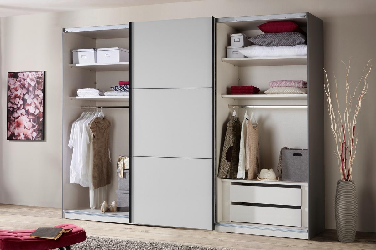 Schwebetürenschrank Glasfront 249 Cm Includo, Hellgrau/weiß - Dunkelgrau/Hellgrau, MODERN, Glas/Holzwerkstoff (249/222/68cm)