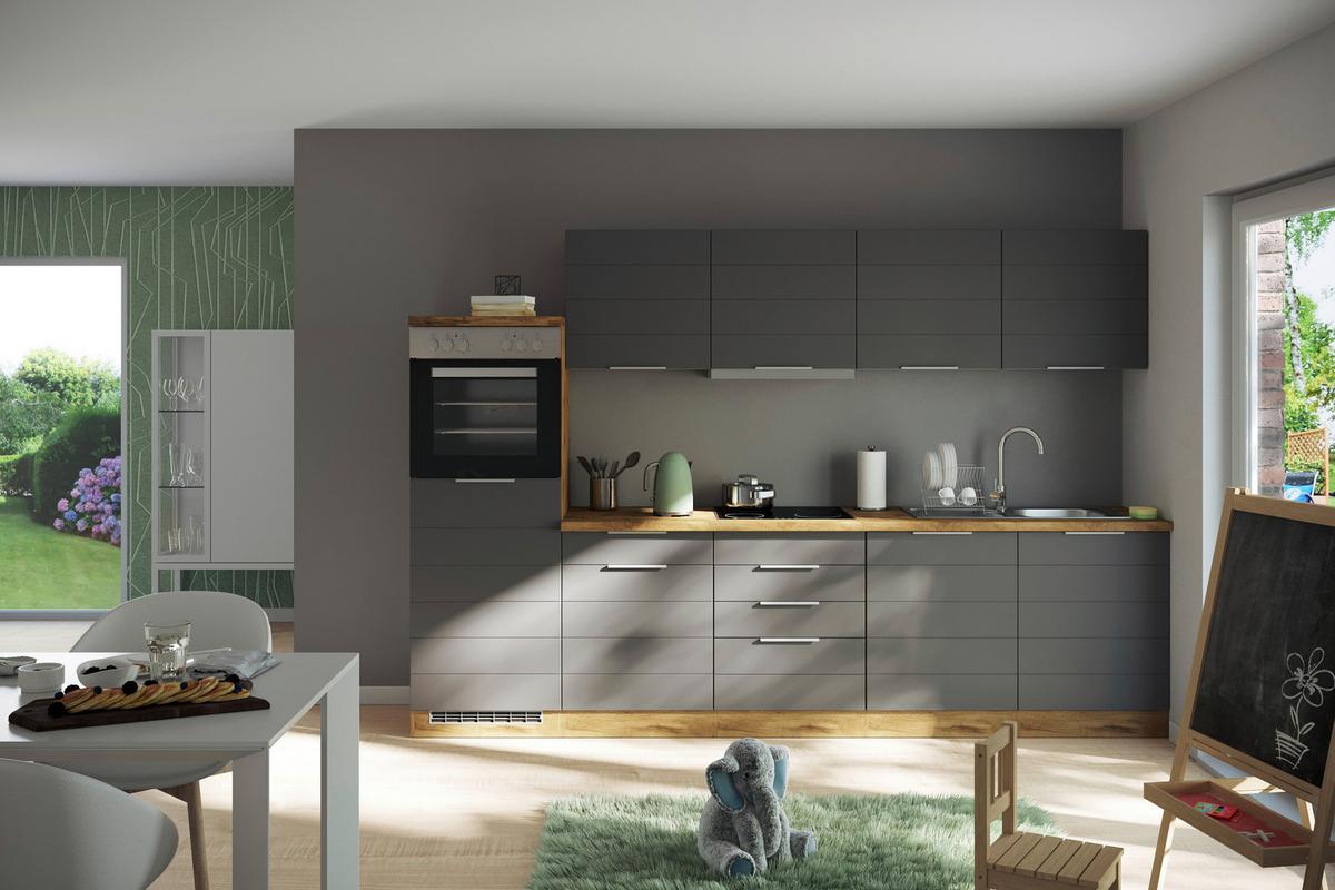 Küchenzeile Florenz mit Geräten 300 cm Grau/Eichefarben - Eiche Wotan/Grau, Design, Holzwerkstoff (300cm) - Held