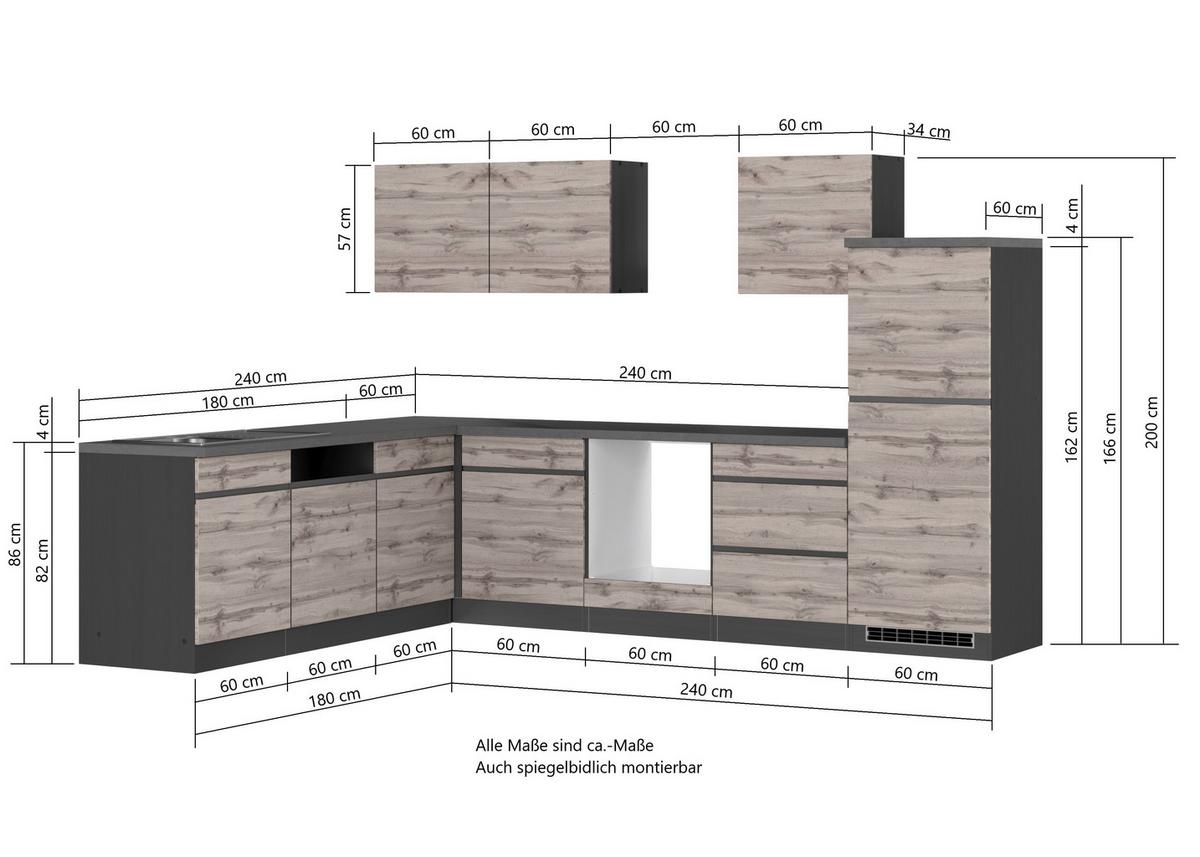 Eckküche Turin ohne Geräte 300x240 cm Graphitfarben/Eiche - Eiche Wotan/Graphitfarben, Design, Holzwerkstoff (300/240cm) - Held