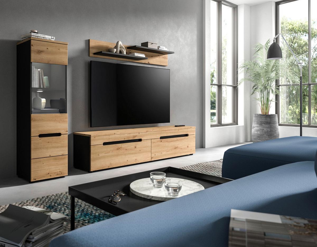 Wohnwand Canu Eiche Artisan Dekor B: 221cm - Schwarz/Eiche Artisan, Design, Holzwerkstoff (221/141/33cm) - Livetastic