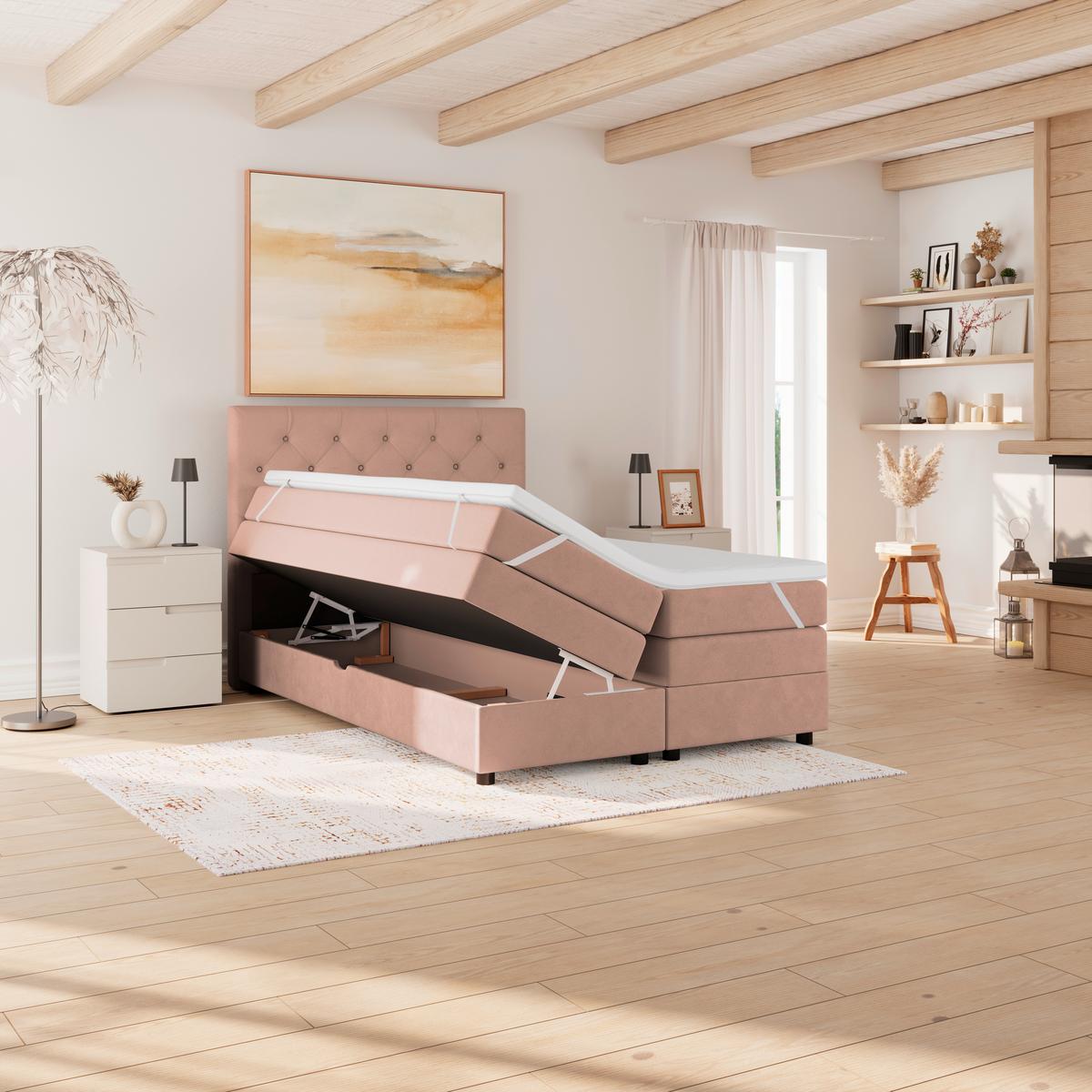 Boxspringbett Elio Altrosa 140x200 Cm H3/h4 - Schwarz/Altrosa, ROMANTIK / LANDHAUS, Textil (144/121/212cm) - James Wood