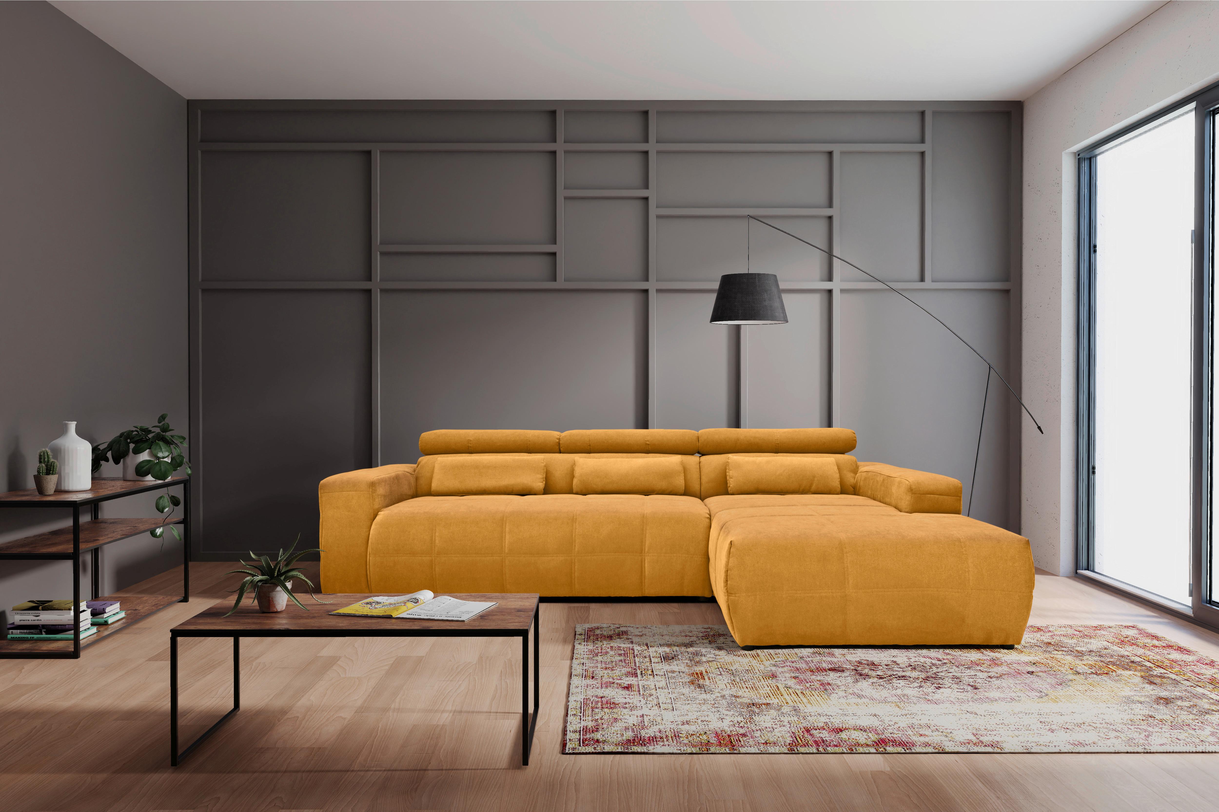 Ecksofa + Kopfteilverstellung Brandon Orange Mikrofaser - Schwarz/Orange, Design, Textil (285/175cm) - MID.YOU