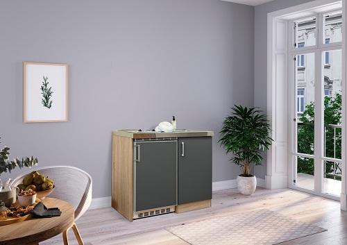 Miniküche mit Kühlschrank + Kochfeld 100 cm Grau/Eiche - Edelstahlfarben/Eichefarben, MODERN, Holzwerkstoff/Metall (100cm) - Respekta