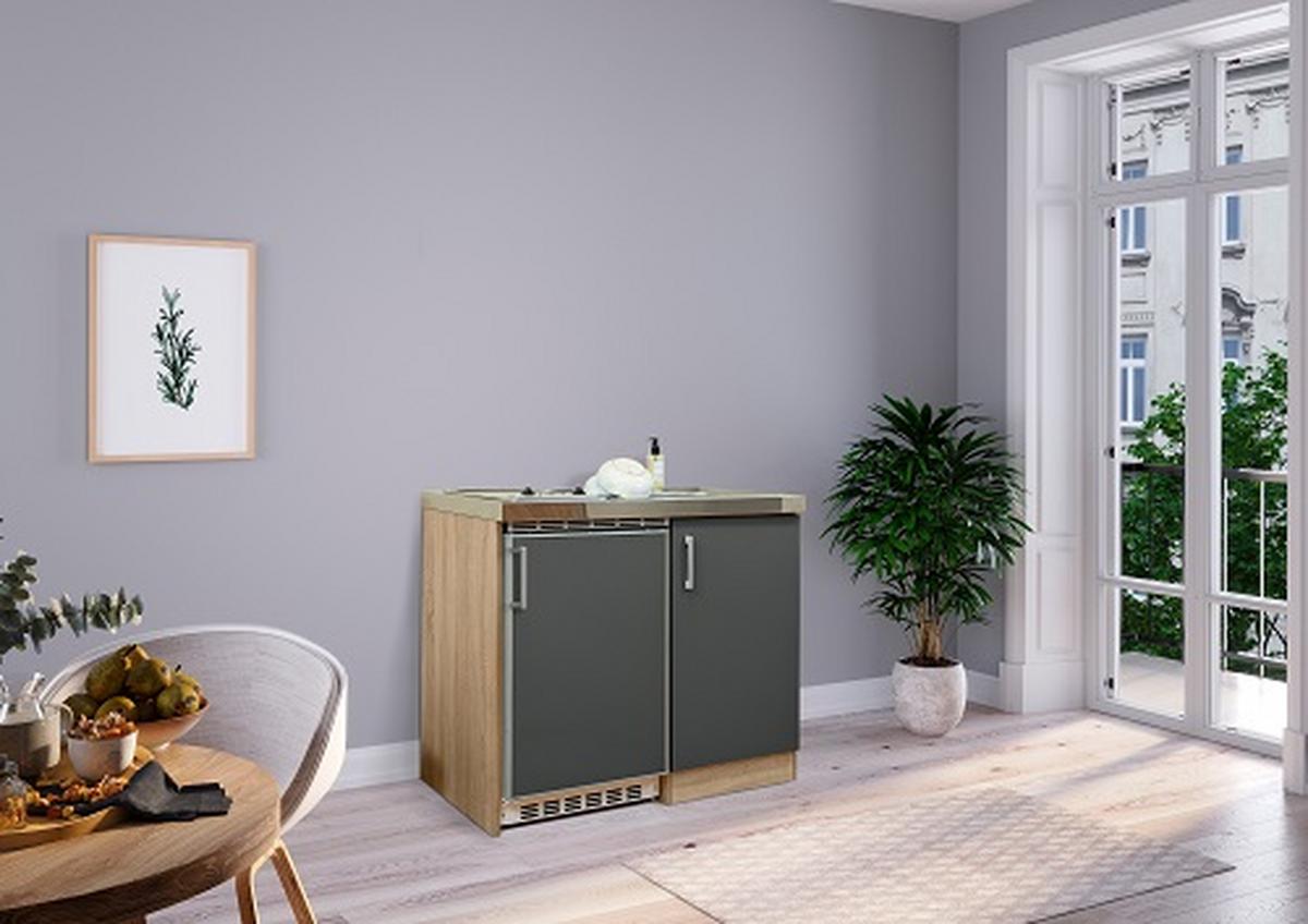 Miniküche mit Kühlschrank + Kochfeld 100 cm Grau/Eiche - Edelstahlfarben/Eichefarben, MODERN, Holzwerkstoff/Metall (100cm) - Respekta