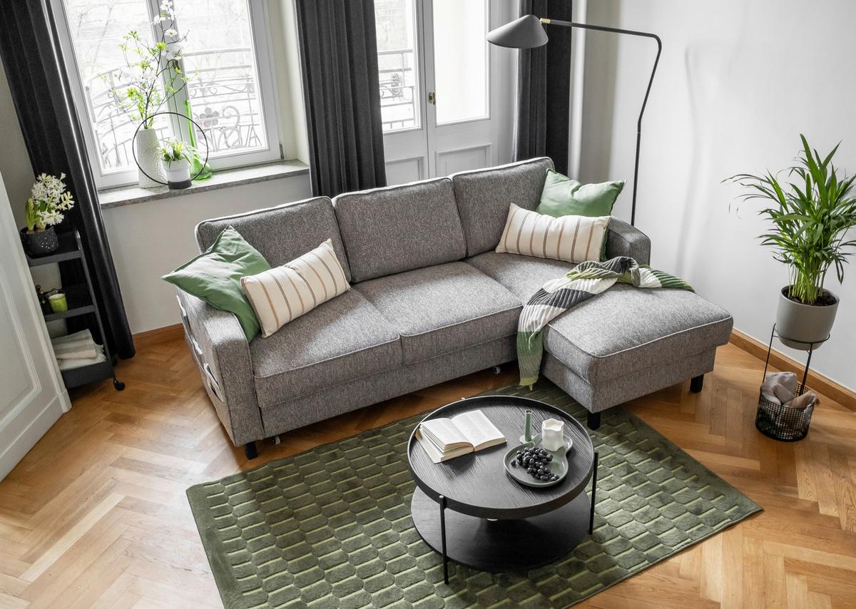 Sedačka MELANIE S, pravá, šedá, úl.prostor a lůžko - šedá/černá, dřevo/textil (228/148cm) - MID.YOU