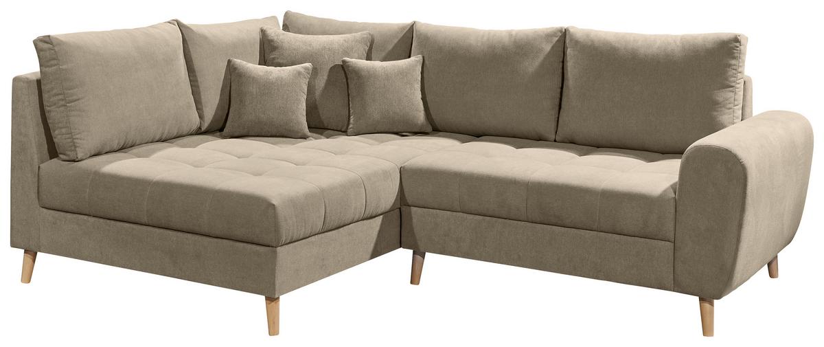 Ecksofa mit Holzfüßen + Kissen Alice, Webstoff - Sandfarben/Kieferfarben, KONVENTIONELL, Holzwerkstoff/Textil (175/249cm) - MID.YOU