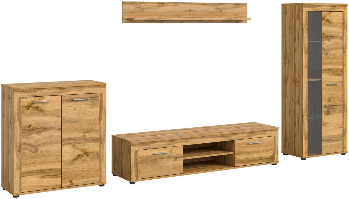 Wohnwand Jam Eiche Dekor 4-Teilig B: Ca. 330 Cm - Eiche Wotan/Schwarz, Design, Glas/Holzwerkstoff (330/159/35cm) - MID.YOU