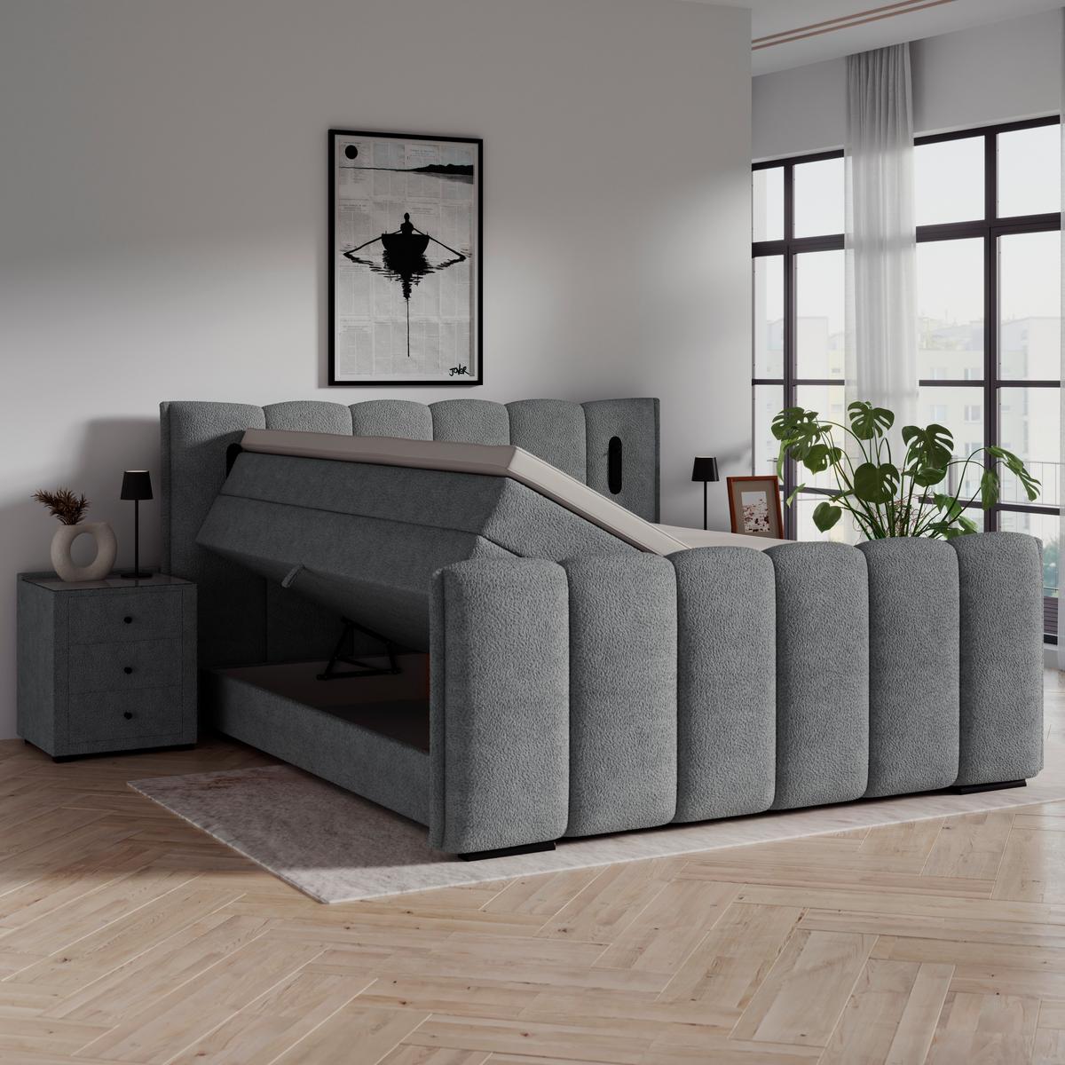 Boxspringbett Elysia inkl. Bettkasten 200x200 - Dunkelgrau/Schwarz, Trend, Holz/Holzwerkstoff (200/200cm) - Luca Bessoni