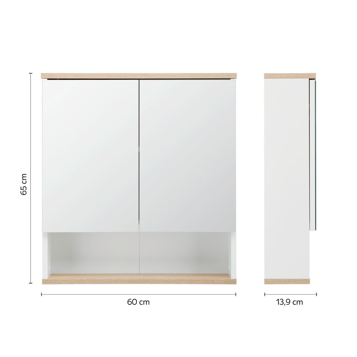 Spiegelschrank Yasmin 2-türig Bht: 60x65x13,9cm Offenes Fach - Eichefarben/Weiß, Basics, Glas/Holzwerkstoff (60/65/13,9cm) - MID.YOU