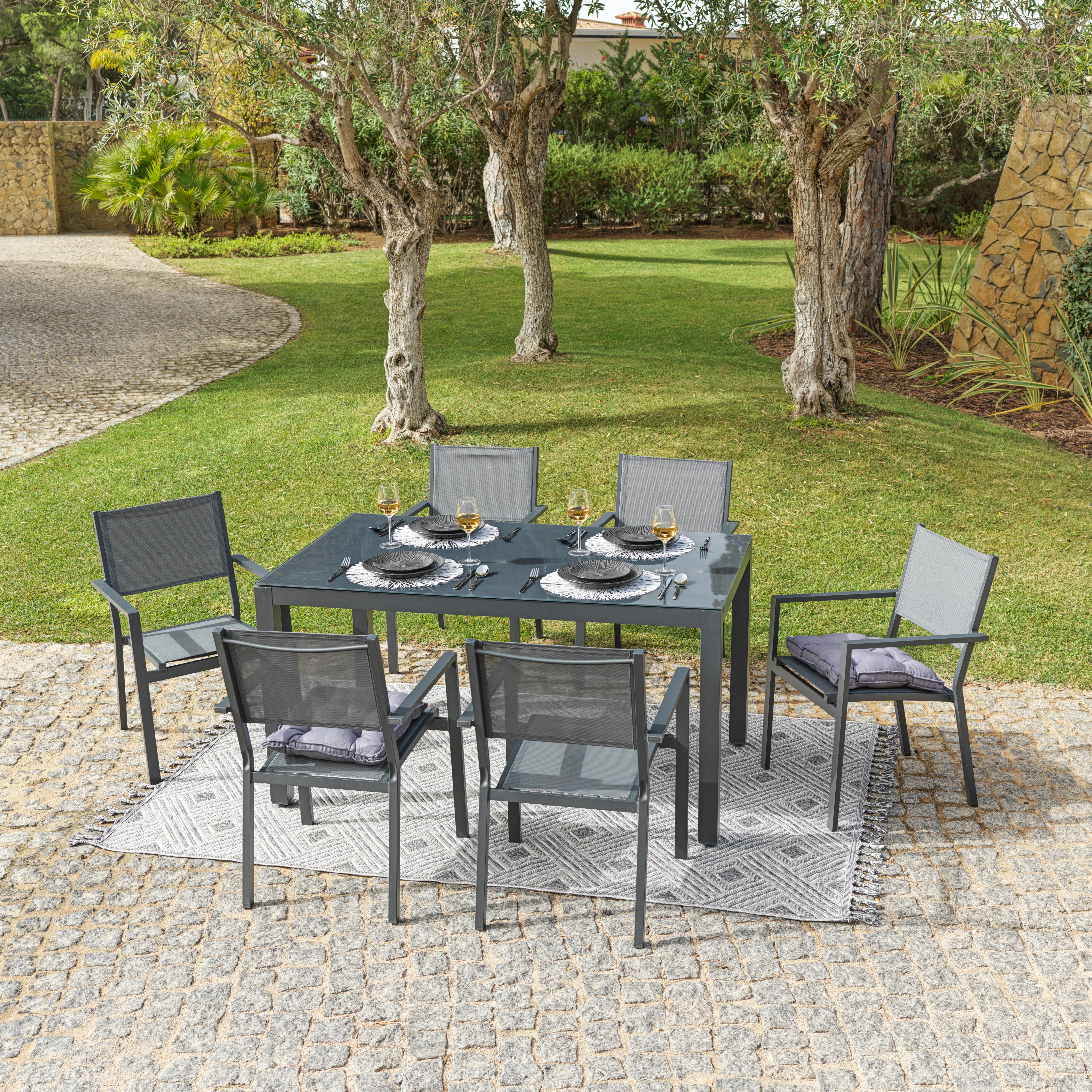 Gartengarnitur 7-Tlg. Ibiza Aluminium/Glasplatte - Anthrazit, MODERN, Glas/Textil (270/86/210cm) - Beldano