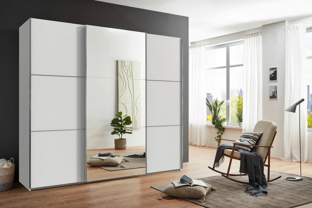 Schwebetürenschrank Indian A Weiß Dekor/Spiegel, B:250cm - Weiß, KONVENTIONELL, Glas/Holzwerkstoff (250/216/65cm)