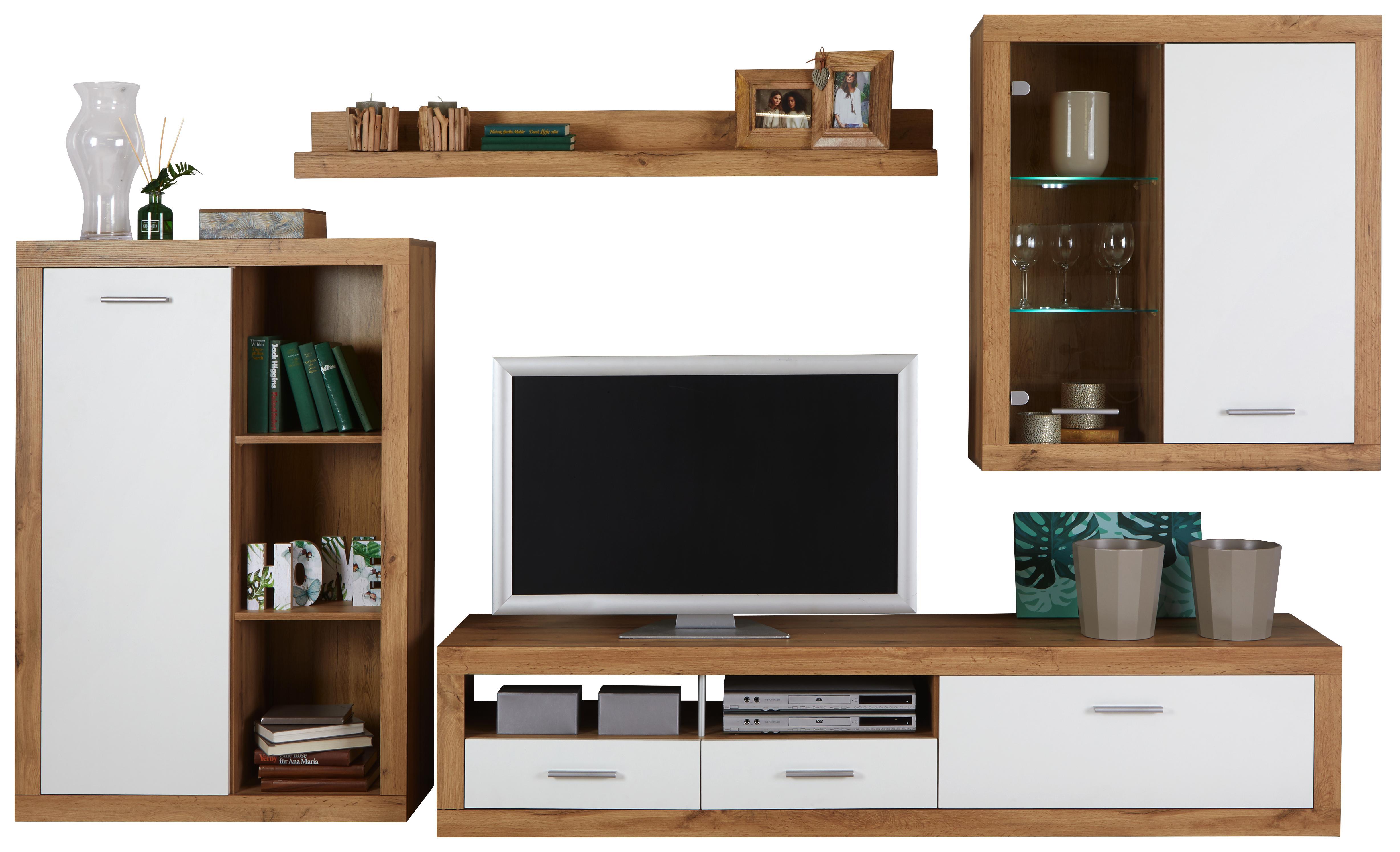 Vitrinkombináció Mallorca - Tölgyfa/Fehér, modern, Faalapú anyag/Üveg (290/189/48cm)