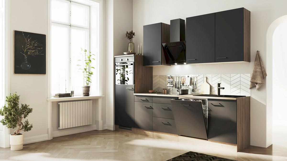 Küchenblock Capri Eiche/Schwarz B: 280 cm - Eichefarben/Schwarz, Basics, Holzwerkstoff (280cm) - FlexWell
