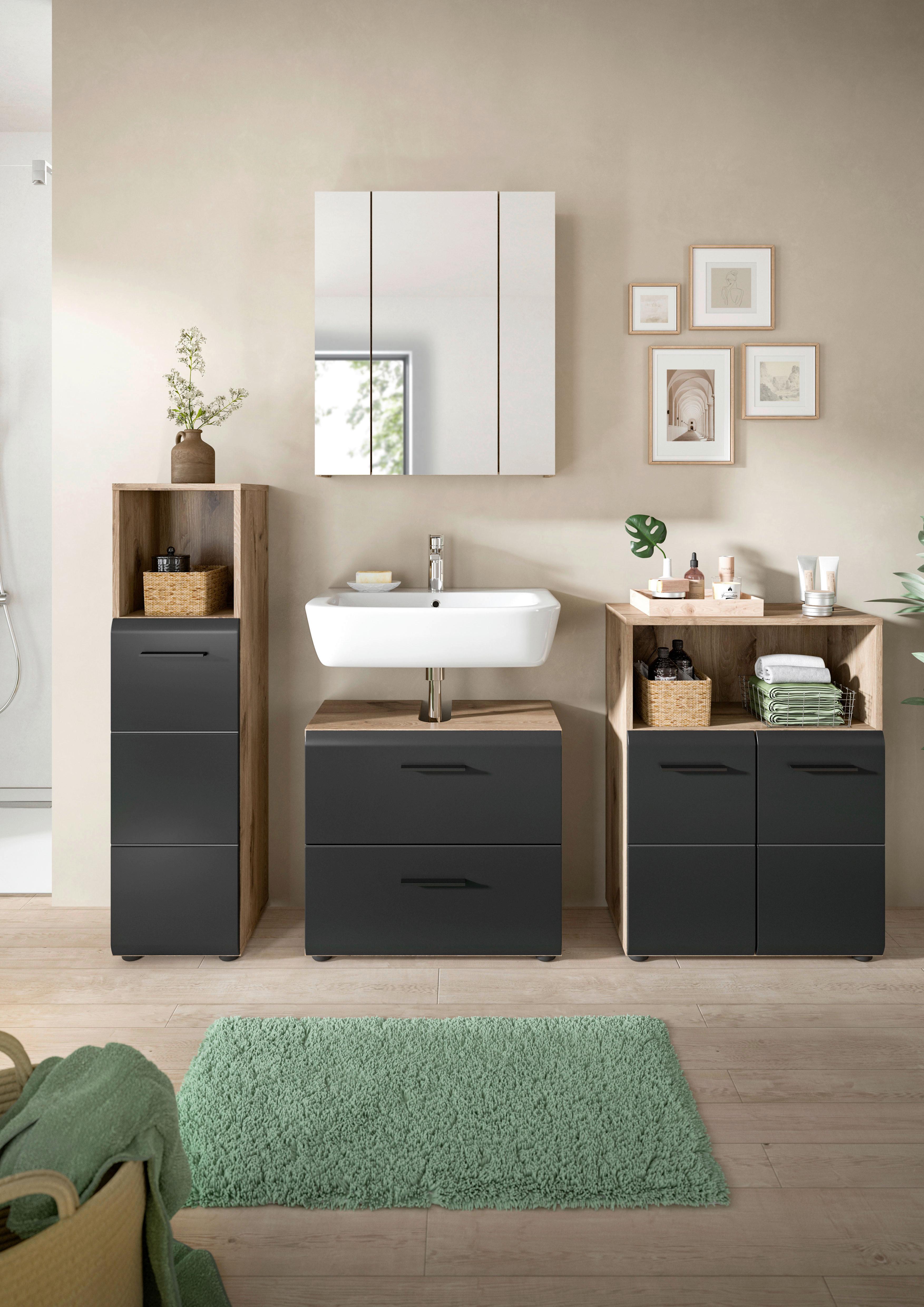 Badezimmer Ice Schwarz/Eiche Dekor B: 150cm - Eiche dunkel/Schwarz, Basics, Holzwerkstoff (150cm) - MID.YOU