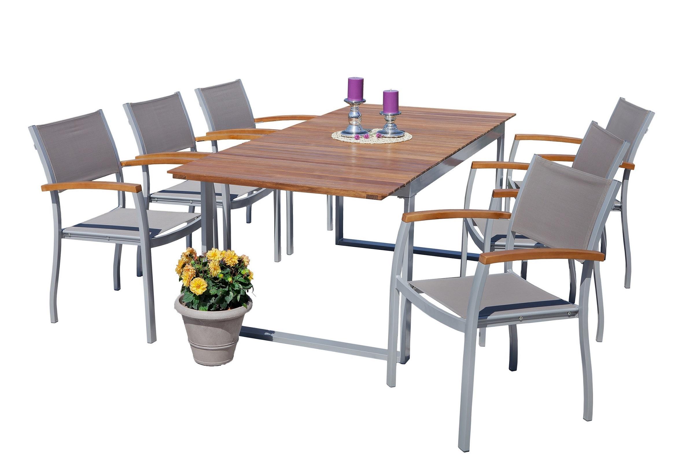 Gartenmöbel Set 7-Tlg. Naxos Aluminium/Akazienholz - Silberfarben/Grau, ROMANTIK / LANDHAUS, Holz/Textil - Gardenson
