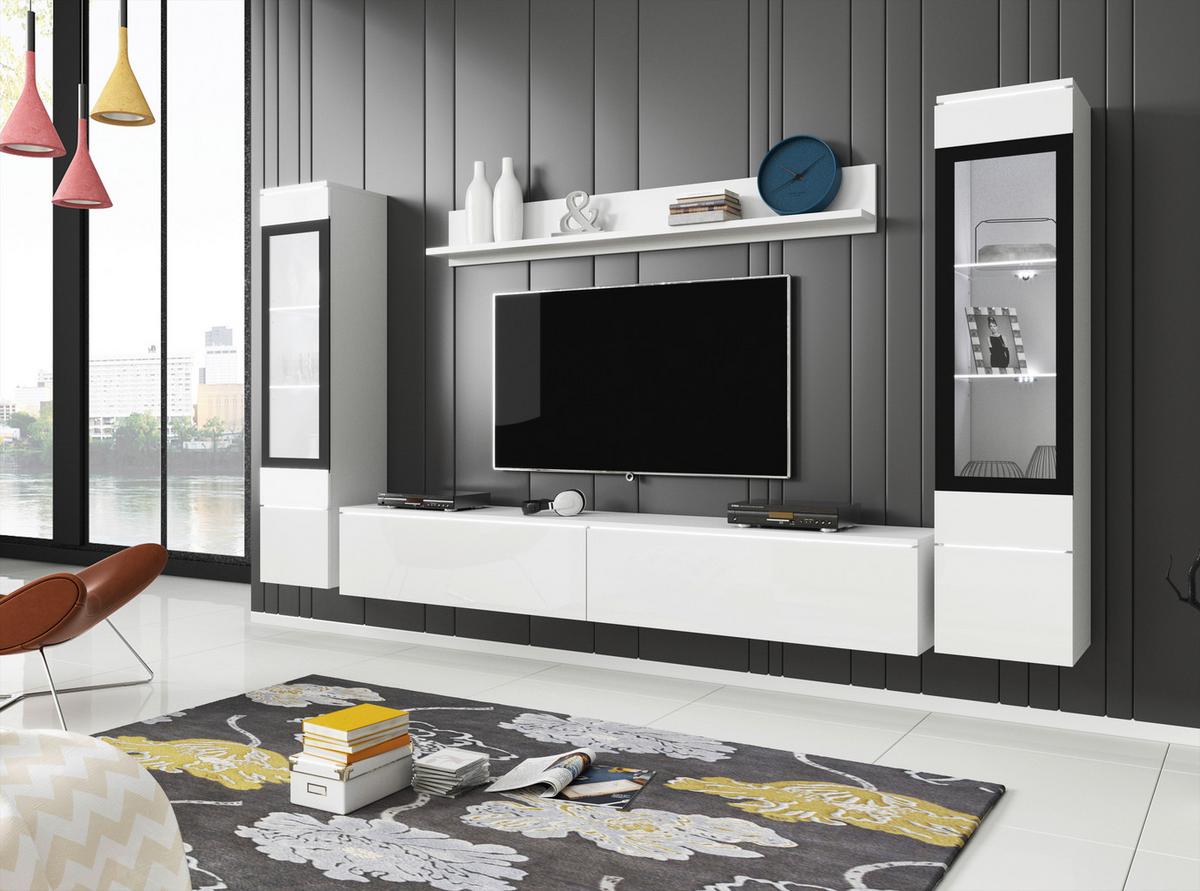Obývacia stena s LED biela vysoký lesk - sivá/biela, Lifestyle, kompozitné drevo/plast (240/130/33cm) - P & B