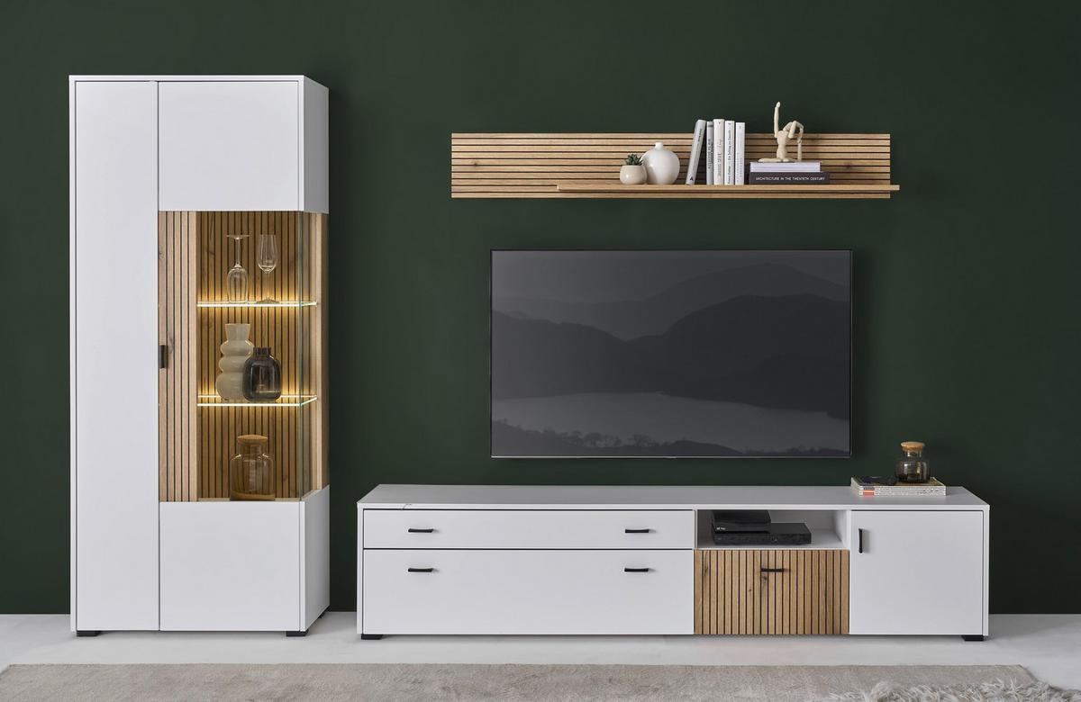 Hudson Wohnwand Weiß/Eichefarben B: 328 cm - Eichefarben/Schwarz, Design, Glas/Holzwerkstoff (328/180/42cm) - MID.YOU