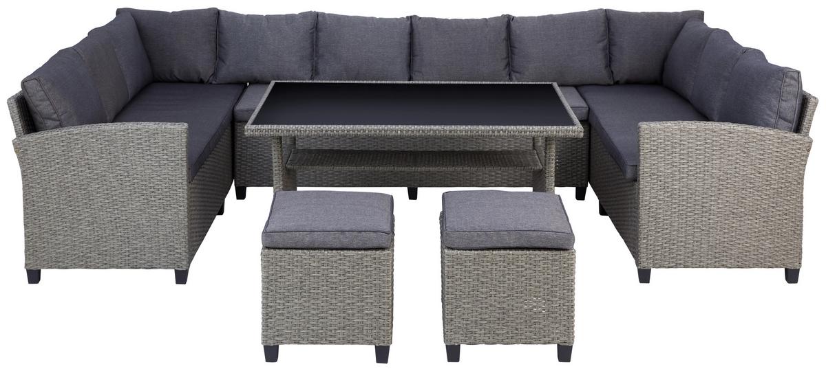 Loungegarnitur 6-Tlg Athena in Rattan-Optik mit Kissen - Schwarz/Grau, MODERN, Glas/Kunststoff - Beldano