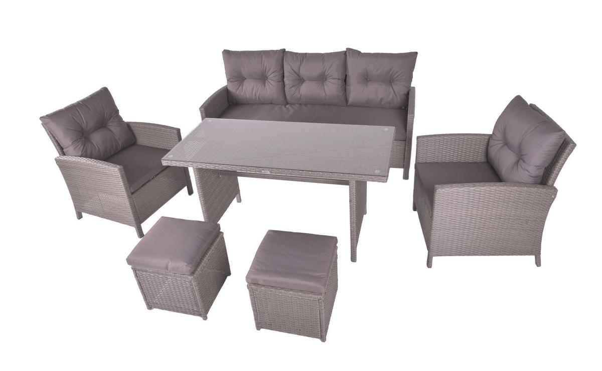 Gartengarnitur 6-tlg Sevilla Metall/kunststoff/glas +kissen - Dunkelgrau/Schwarz, MODERN, Glas/Kunststoff - Gardenson