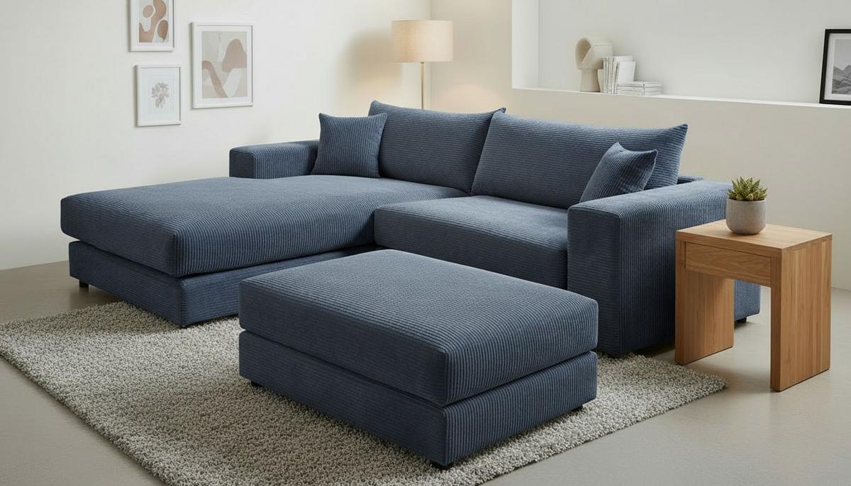 Ecksofa Funny S Links mit Hocker, Blau, B: 265 cm - Blau/Schwarz, Basics, Textil (180/265cm) - Livetastic