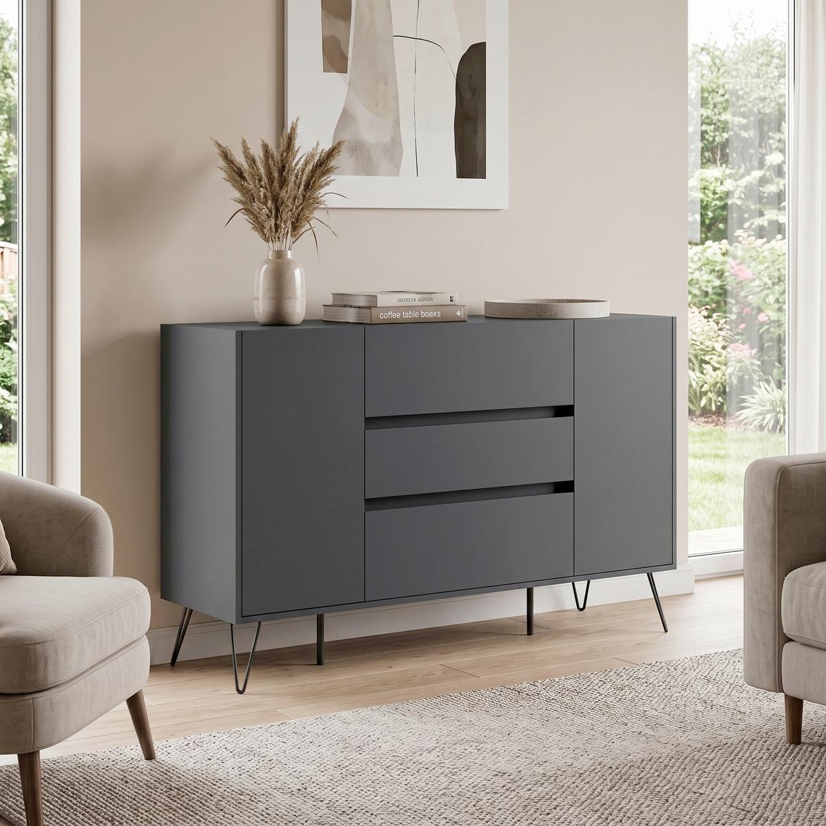 Sideboard Posseik Industrial Graphitfarben B: 155 cm - Graphitfarben/Schwarz, Design, Holzwerkstoff (155/93,6/42cm) - MID.YOU